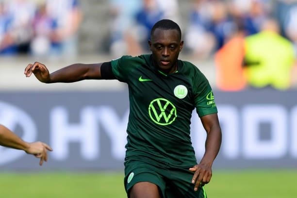 Jerome Roussillon of VfL Wolfsburg looks on during the Bundesliga match between Hertha BSC and VfL Wolfsburg at Olympiastadion on August 21, 2021 in...