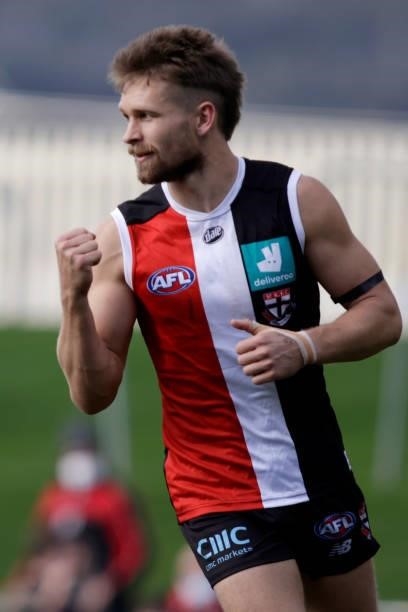 Dan Butler of the Saints celebrates a goal during the 2021 AFL Round 23 match between the St Kilda Saints and the Fremantle Dockers at Blundstone...