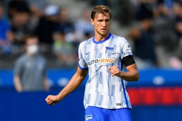 Niklas Stark of Hertha BSC looks on during the Bundesliga match between Hertha BSC and VfL Wolfsburg at Olympiastadion on August 21, 2021 in Berlin,...
