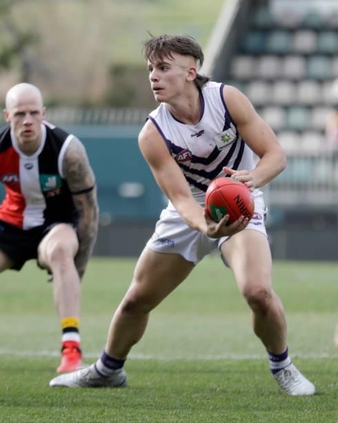 Caleb Serong of the Dockers in action during the 2021 AFL Round 23 match between the St Kilda Saints and the Fremantle Dockers at Blundstone Arena on...