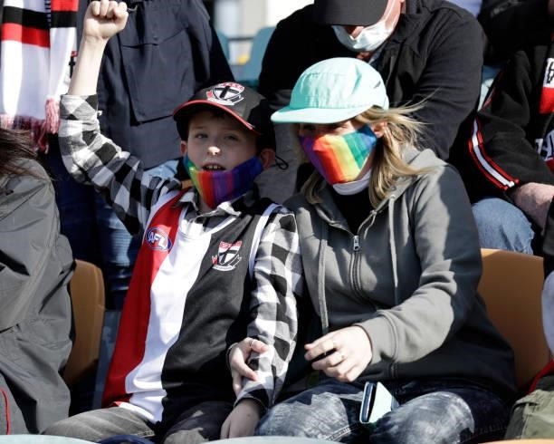 St Kilda fans celebrate the win during the 2021 AFL Round 23 match between the St Kilda Saints and the Fremantle Dockers at Blundstone Arena on...