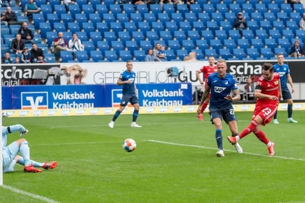 Niko Giesselmann of 1.FC Union Berlin scores his team's first goal during the Bundesliga match between TSG Hoffenheim and 1. FC Union Berlin at...