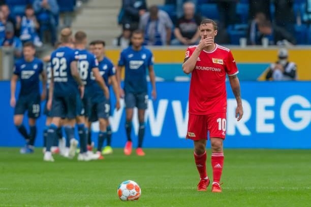 Max Kruse of 1.FC Union Berlin gestures during the Bundesliga match between TSG Hoffenheim and 1. FC Union Berlin at PreZero-Arena on August 22, 2021...