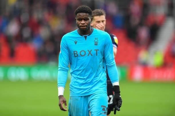 Nottingham Forest goalkeeper Brice Samba looking dejected after his sides defeat during the Sky Bet Championship match between Stoke City and...