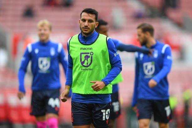 Joao Carvalho of Nottingham Forest warms up ahead of kick-off during the Sky Bet Championship match between Stoke City and Nottingham Forest at the...