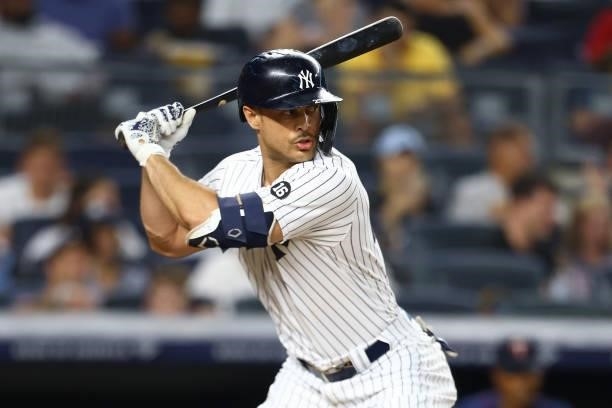 Giancarlo Stanton of the New York Yankees in action against the Minnesota Twins at Yankee Stadium on August 20, 2021 in New York City. New York...