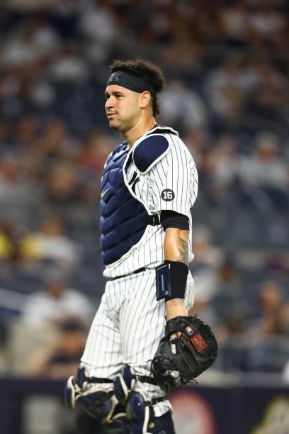 Gary Sanchez of the New York Yankees in action against the Minnesota Twins at Yankee Stadium on August 20, 2021 in New York City. New York Yankees...