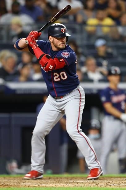 Josh Donaldson of the Minnesota Twins in action against the New York Yankees at Yankee Stadium on August 20, 2021 in New York City. New York Yankees...