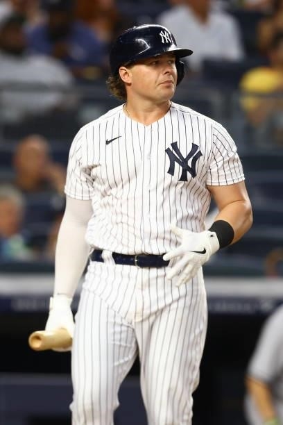 Luke Voit of the New York Yankees in action against the Minnesota Twins at Yankee Stadium on August 20, 2021 in New York City. New York Yankees...