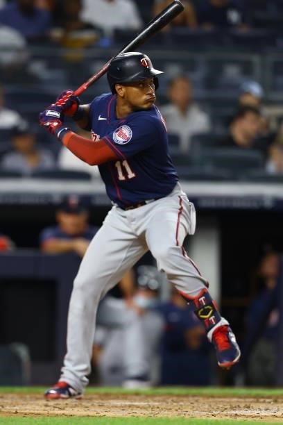 Jorge Polanco of the Minnesota Twins in action against the New York Yankees at Yankee Stadium on August 20, 2021 in New York City. New York Yankees...