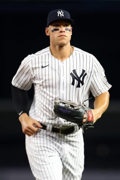 Aaron Judge of the New York Yankees in action against the Minnesota Twins at Yankee Stadium on August 20, 2021 in New York City. New York Yankees...