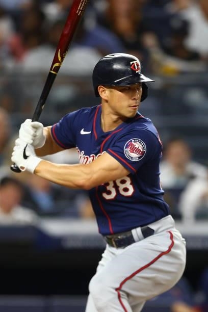 Rob Refsnyder of the Minnesota Twins in action against the New York Yankees at Yankee Stadium on August 20, 2021 in New York City. New York Yankees...