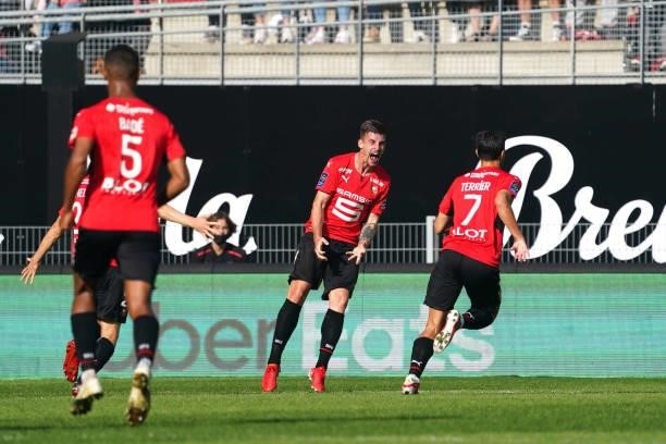 Baptiste SANTAMARIA of Rennes celebrates after the goal of Martin TERRIER of Rennes during the Ligue 1 Uber Eats match between Rennes and Nantes at...
