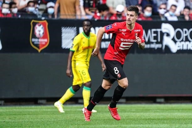Baptiste SANTAMARIA of Rennes during the Ligue 1 Uber Eats match between Rennes and Nantes at Roazhon Park on August 22, 2021 in Rennes, France.