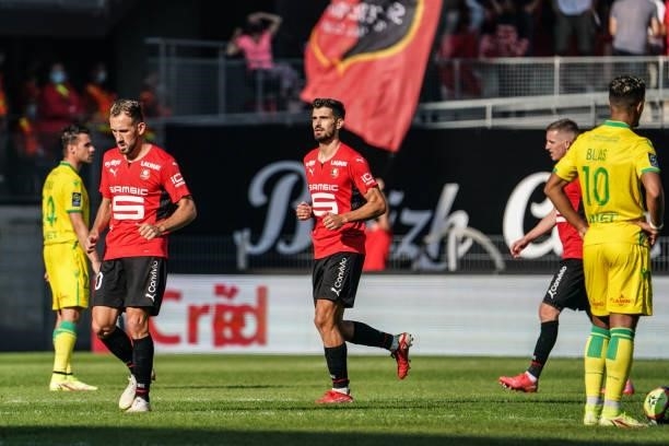 Martin TERRIER of Rennes celebrates after scoring a goal during the Ligue 1 Uber Eats match between Rennes and Nantes at Roazhon Park on August 22,...