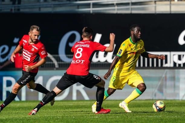 Roli PEREIRA DE SA of Nantes and Baptiste SANTAMARIA of Rennes during the Ligue 1 Uber Eats match between Rennes and Nantes at Roazhon Park on August...