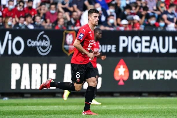Baptiste SANTAMARIA of Rennes during the Ligue 1 Uber Eats match between Rennes and Nantes at Roazhon Park on August 22, 2021 in Rennes, France.