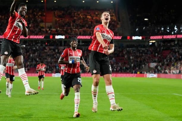 Olivier Boscagli of PSV celebrates 4-1 with Ibrahim Sangare of PSV during the Dutch Eredivisie match between PSV v SC Cambuur at the Philips Stadium...