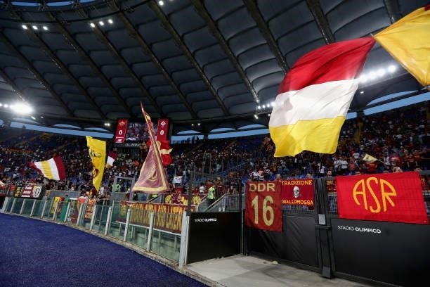 Roma fans during the Serie A match between AS Roma v ACF Fiorentina at Stadio Olimpico on August 22, 2021 in Rome, Italy.