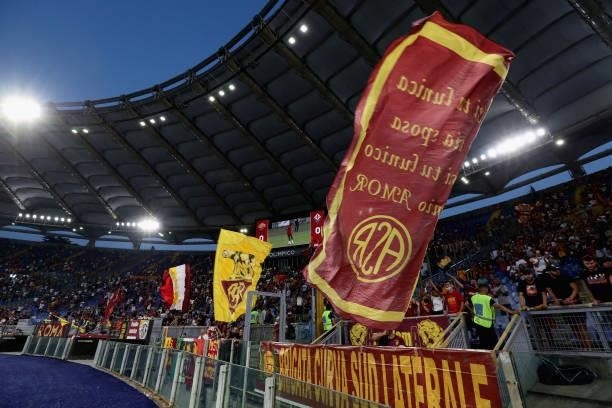 Roma fans during the Serie A match between AS Roma v ACF Fiorentina at Stadio Olimpico on August 22, 2021 in Rome, Italy.