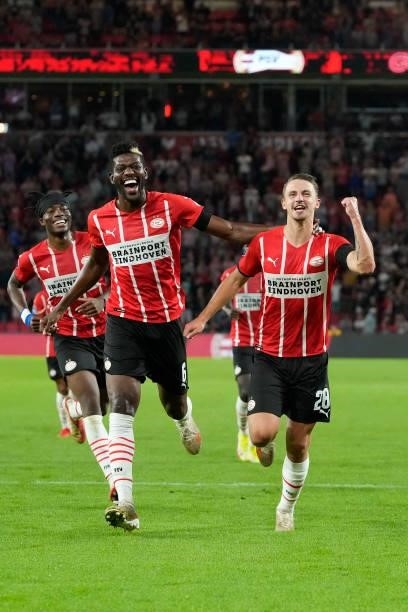 Olivier Boscagli of PSV celebrates 4-1 with Ibrahim Sangare of PSV during the Dutch Eredivisie match between PSV v SC Cambuur at the Philips Stadium...