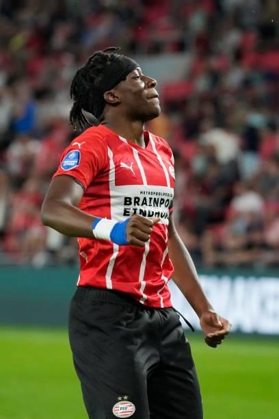 Noni Madueke of PSV celebrates 3-0 during the Dutch Eredivisie match between PSV v SC Cambuur at the Philips Stadium on August 21, 2021 in Eindhoven...