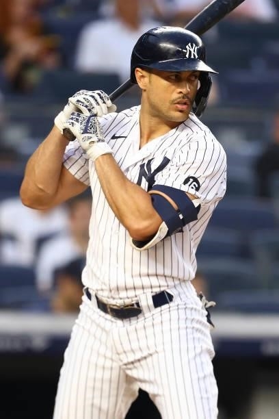 Giancarlo Stanton of the New York Yankees in action against the Minnesota Twins at Yankee Stadium on August 20, 2021 in New York City. New York...