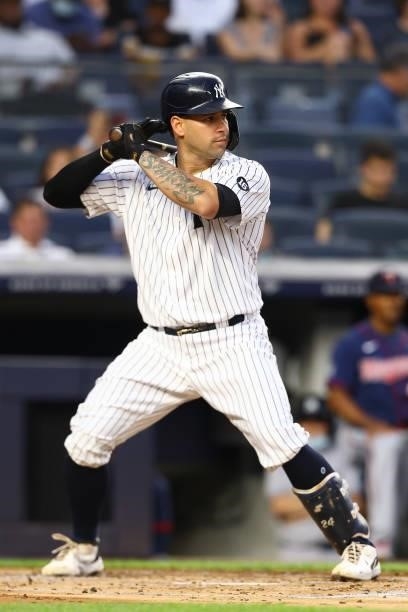 Gary Sanchez of the New York Yankees in action against the Minnesota Twins at Yankee Stadium on August 20, 2021 in New York City. New York Yankees...