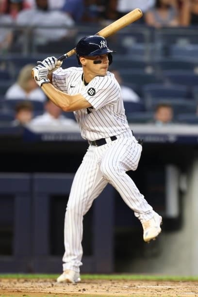 Andrew Velazquez of the New York Yankees in action against the Minnesota Twins at Yankee Stadium on August 20, 2021 in New York City. New York...