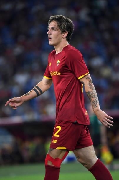 Nicolo Zaniolo of AS Roma in action ,during the Serie A match between AS Roma v ACF Fiorentina at Stadio Olimpico on August 22, 2021 in Rome, Italy.