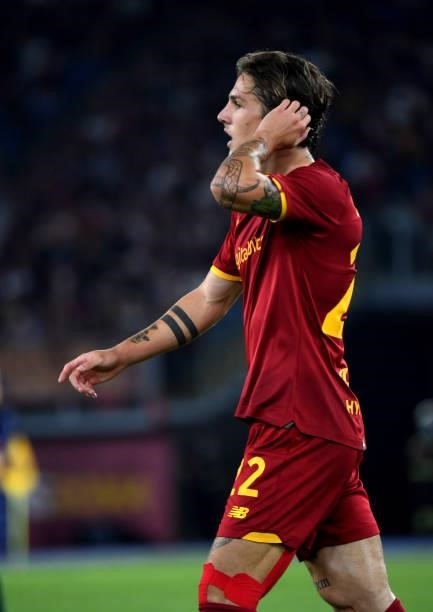 Nicolo Zaniolo of AS Roma reacts ,during the Serie A match between AS Roma v ACF Fiorentina at Stadio Olimpico on August 22, 2021 in Rome, Italy.