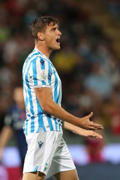 Lorenzo Colombo of SPAL in action during the SERIE B match between Pisa Calcio and SPAL at Arena Garibaldi on August 22, 2021 in Pisa, Italy.