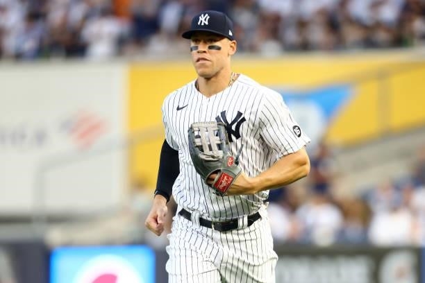 Aaron Judge of the New York Yankees in action against the Minnesota Twins at Yankee Stadium on August 20, 2021 in New York City. New York Yankees...