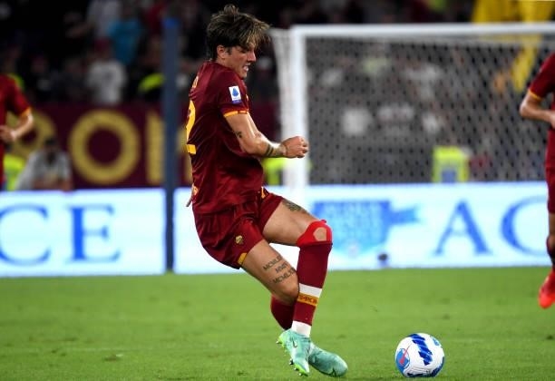 Nicolo Zaniolo of AS Roma in action ,during the Serie A match between AS Roma v ACF Fiorentina at Stadio Olimpico on August 22, 2021 in Rome, Italy.