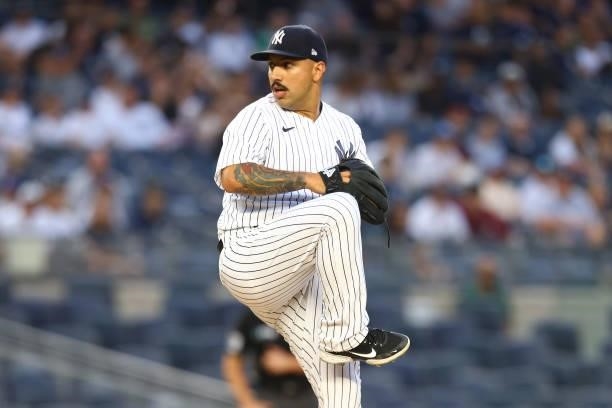 Nestor Cortes Jr. #65 of the New York Yankees in action against the Minnesota Twins at Yankee Stadium on August 20, 2021 in New York City. New York...