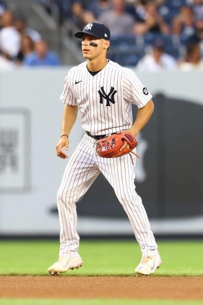 Andrew Velazquez of the New York Yankees in action against the Minnesota Twins at Yankee Stadium on August 20, 2021 in New York City. New York...