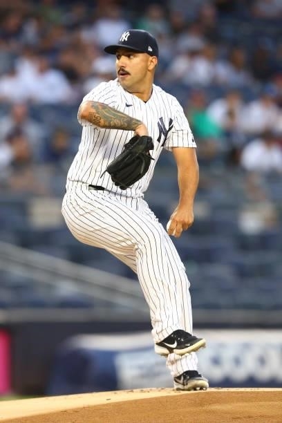 Nestor Cortes Jr. #65 of the New York Yankees in action against the Minnesota Twins at Yankee Stadium on August 20, 2021 in New York City. New York...