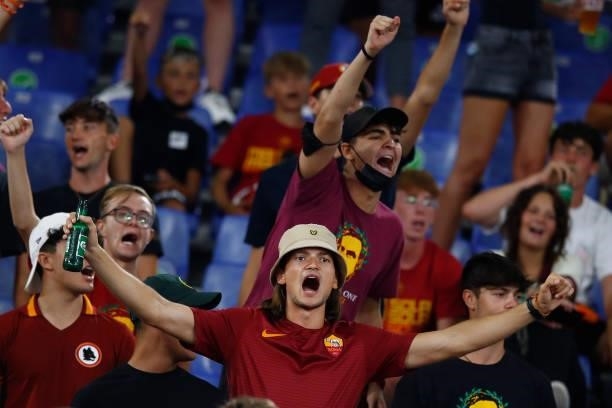 Roma supporters on the stand prior to the Serie A match between AS Roma and ACF Fiorentina at Stadio Olimpico on August 22, 2021 in Rome, Italy.