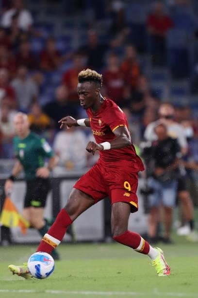 Tammy Abraham of AS Roma in action during the Serie A match between AS Roma v ACF Fiorentina at Stadio Olimpico on August 22, 2021 in Rome, Italy.