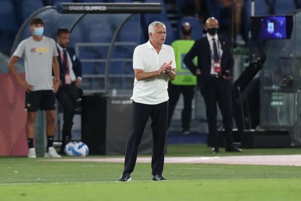 Roma head coach Jose' Mourinho looks on during the Serie A match between AS Roma v ACF Fiorentina at Stadio Olimpico on August 22, 2021 in Rome,...