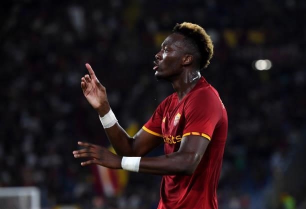 Tammy Abraham of AS Roma celebrates ,during the Serie A match between AS Roma v ACF Fiorentina at Stadio Olimpico on August 22, 2021 in Rome, Italy.