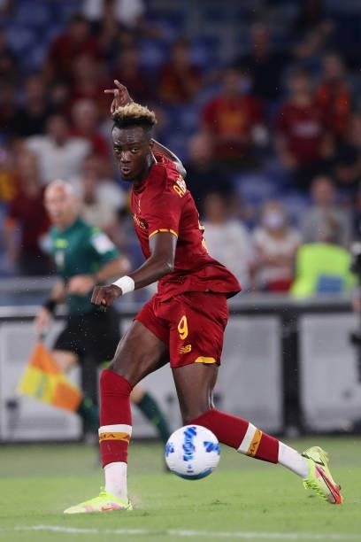 Tammy Abraham of AS Roma in action during the Serie A match between AS Roma v ACF Fiorentina at Stadio Olimpico on August 22, 2021 in Rome, Italy.