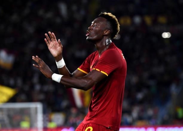 Tammy Abraham of AS Roma celebrates ,during the Serie A match between AS Roma v ACF Fiorentina at Stadio Olimpico on August 22, 2021 in Rome, Italy.