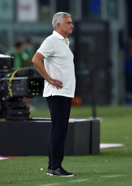 José Mário dos Santos Mourinho Félix head coach of AS Roma looks on during the Serie A match between AS Roma and ACF Fiorentina at Stadio Olimpico on...