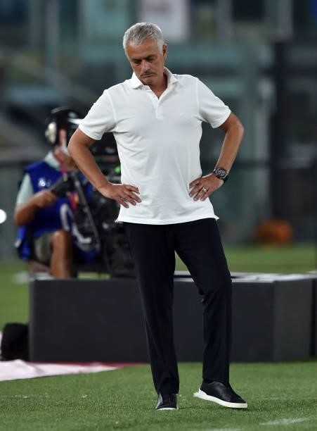José Mário dos Santos Mourinho Félix head coach of AS Roma looks on during the Serie A match between AS Roma and ACF Fiorentina at Stadio Olimpico on...