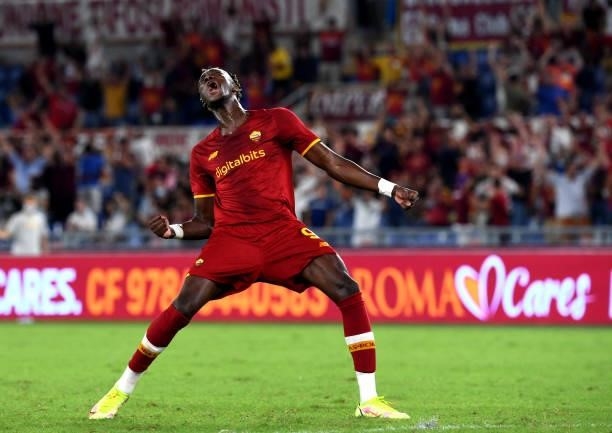 Tammy Abraham of AS Roma reacts ,during the Serie A match between AS Roma v ACF Fiorentina at Stadio Olimpico on August 22, 2021 in Rome, Italy.