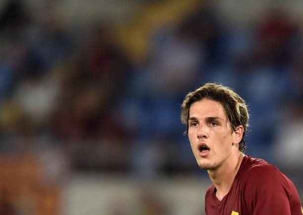 Nicolo' Zaniolo of AS Roma looks on during the Serie A match between AS Roma and ACF Fiorentina at Stadio Olimpico on August 22, 2021 in Rome, Italy.