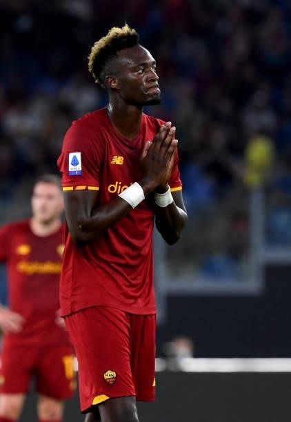 Tammy Abraham of AS Roma reacts ,during the Serie A match between AS Roma v ACF Fiorentina at Stadio Olimpico on August 22, 2021 in Rome, Italy.