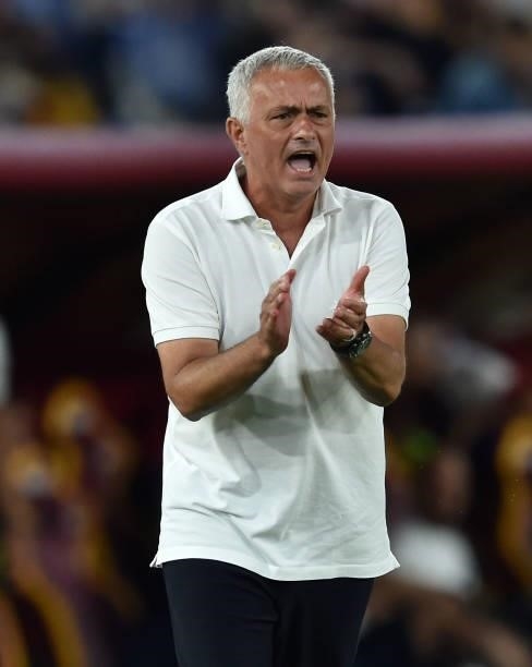José Mário dos Santos Mourinho Félix head coach of AS Roma gestures during the Serie A match between AS Roma and ACF Fiorentina at Stadio Olimpico on...