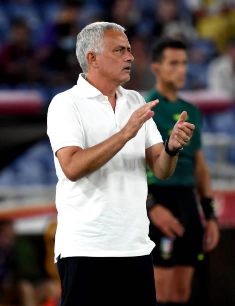 Jose Mourinho Head Coach of AS Roma reacts ,during the Serie A match between AS Roma v ACF Fiorentina at Stadio Olimpico on August 22, 2021 in Rome,...